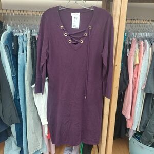 Calvin Klein Deep Purple Sweater Dress with Gold Accents